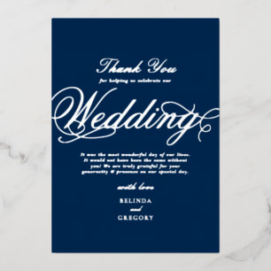 Real Silver Foil Navy Blue Wedding Thank You Foil Invitation
