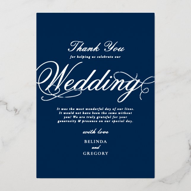 Real Silver Foil Navy Blue Wedding Thank You Invitation (Front)