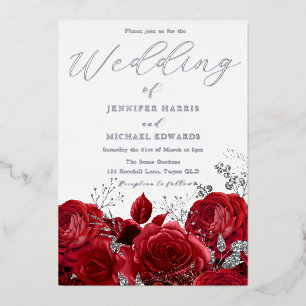 Real Silver Foil Red Roses Wedding Foil Invitation