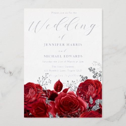 Real Silver Foil Red Roses Wedding Foil Invitation