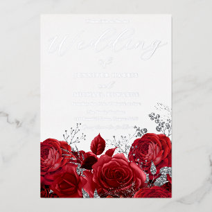Real Silver Foil Red Roses Wedding Invitation