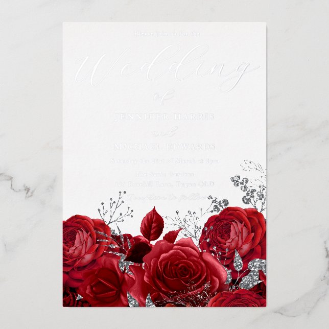 Real Silver Foil Red Roses Wedding Invitation (Front)