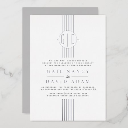 Real Silver Foil Stripes, Monogram Wedding Foil Invitation