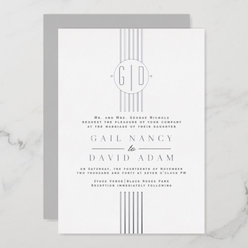Real silver foil stripes monogram wedding foil invitation