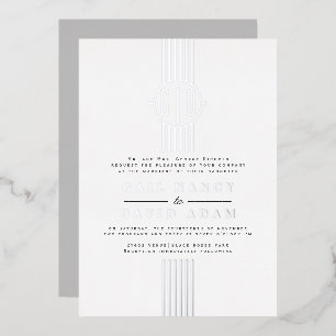 Real silver foil stripes, monogram wedding invitation