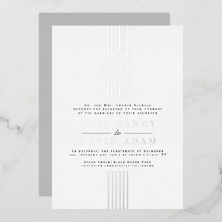 Real silver foil stripes, monogram wedding invitation