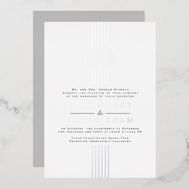 Real silver foil stripes, monogram wedding invitation (Front/Back)