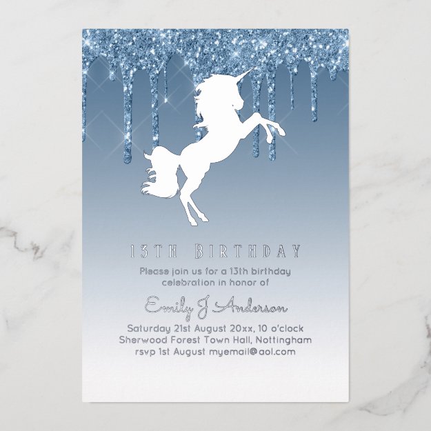 Real Silver Foil Unicorn Girly Birthday (ANY) Blue Foil Invitation