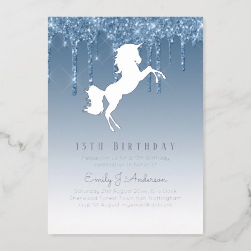 Real Silver Foil Unicorn Girly Birthday ANY Blue Foil Invitation