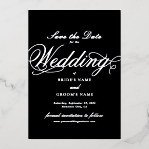 Real Silver Foil Wedding Black Save the Date Invitation