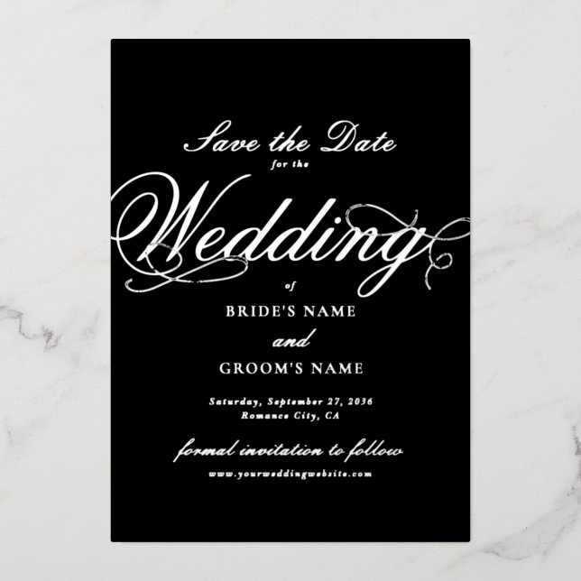 Real Silver Foil Wedding Black Save the Date Invitation (Front)
