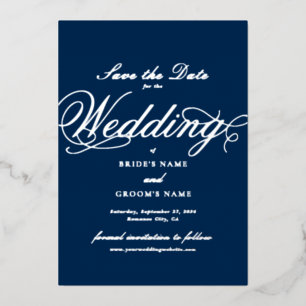 Real Silver Foil Wedding Navy Blue Save the Date Invitation