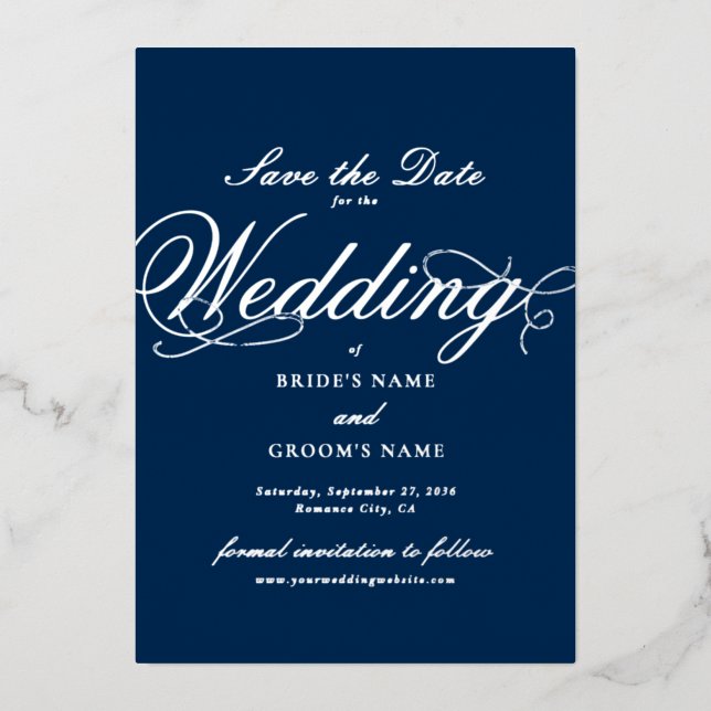 Real Silver Foil Wedding Navy Blue Save the Date Invitation (Front)