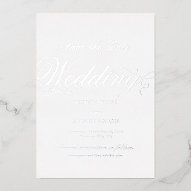 Real Silver Foil Wedding White Save the Date Invitation (Front)