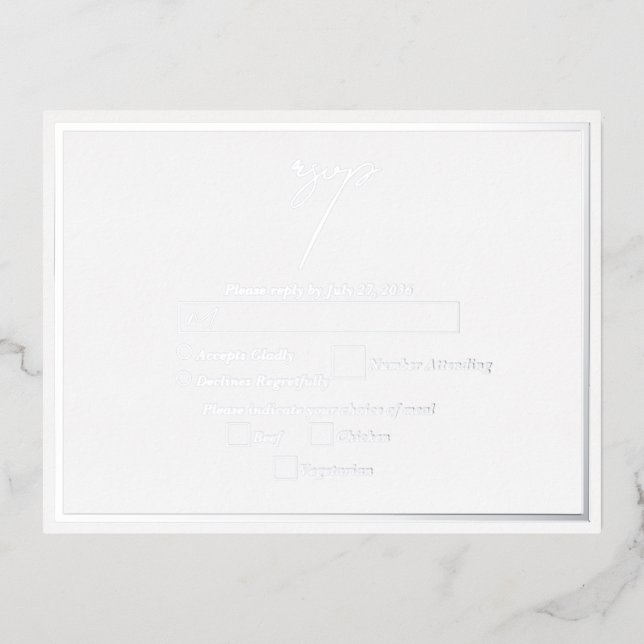 Real Silver Foil White & Silver Wedding RSVP Invitation Postcard (Front)