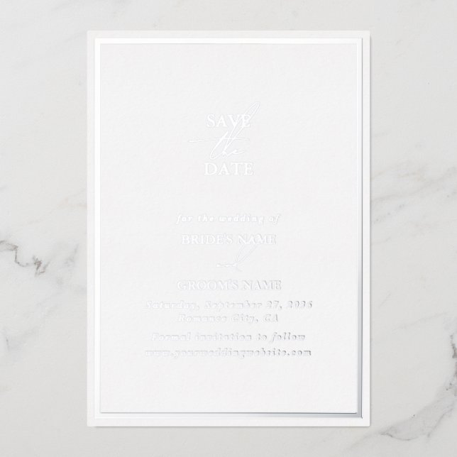 Real Silver Foil White Wedding Save the Date Invitation (Front)