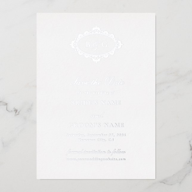 Real Silver Foil White Wedding Save the Date  Invitation (Front)