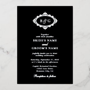 Real Silver Foil Wreath Elegant Black Wedding Invitation