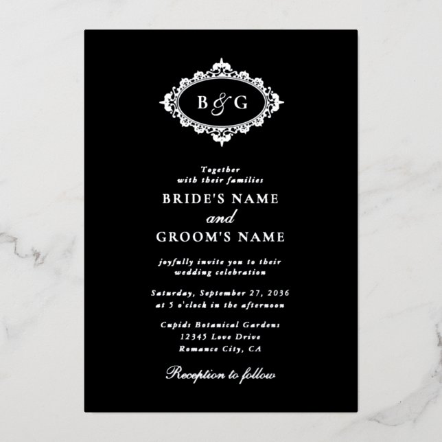 Real Silver Foil Wreath Elegant Black Wedding Invitation (Front)