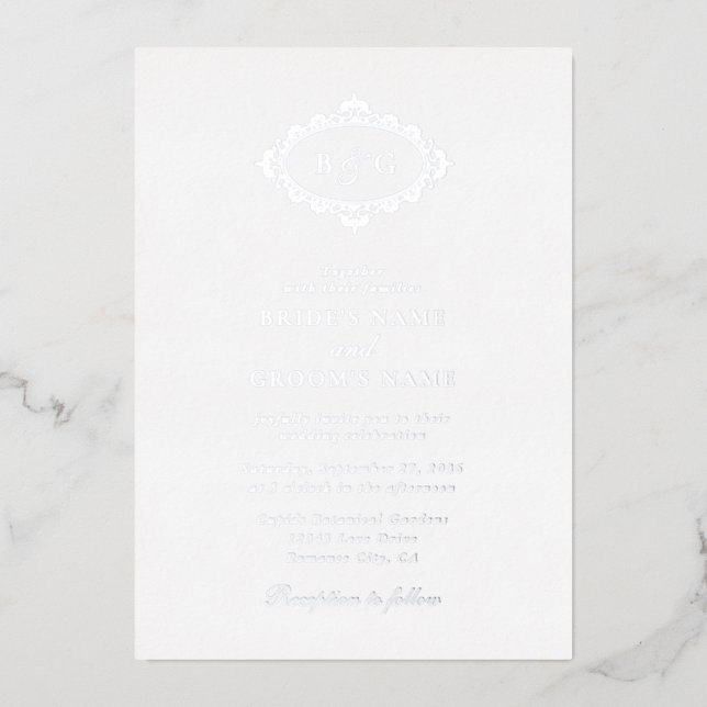 Real Silver Foil Wreath Elegant Monogram Wedding Foil Invitation (Front)