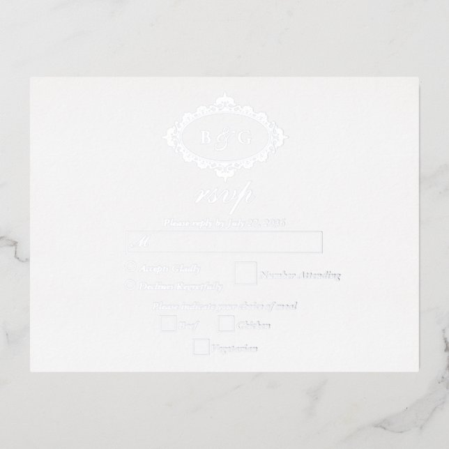 Real Silver Foil Wreath White Wedding RSVP Foil Invitation Postcard (Front)
