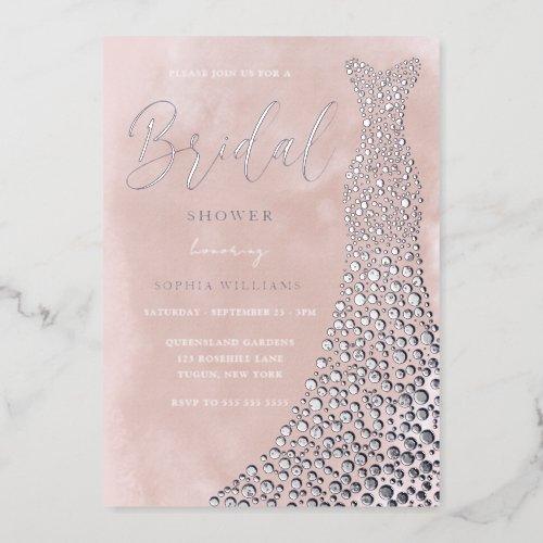 Real Silver Gown Blush Watercolor Bridal Shower Foil Invitation