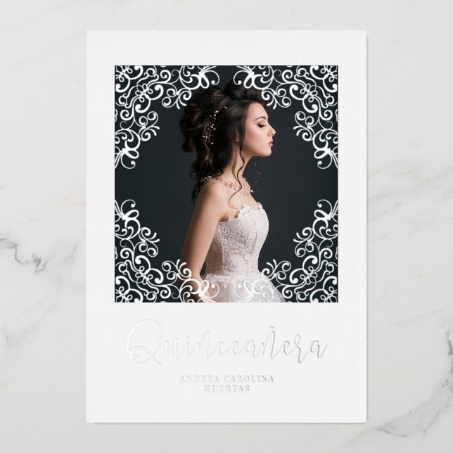 Real Silver Metallic Effect Quinceañera Photo Foil Invitation (Front)
