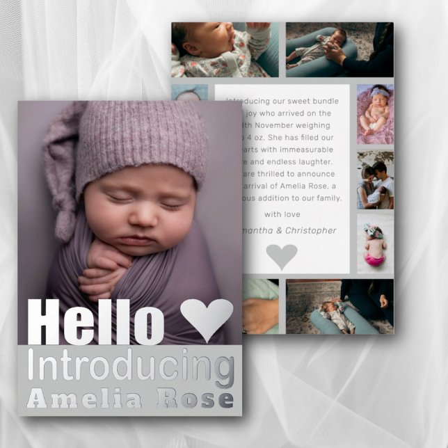Real Silver Photo Collage Hello Baby Announcement (Creator Uploaded)