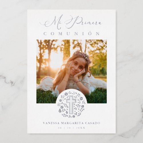 Real Silver Romantic Floral Wreath Photo Foil Invitation