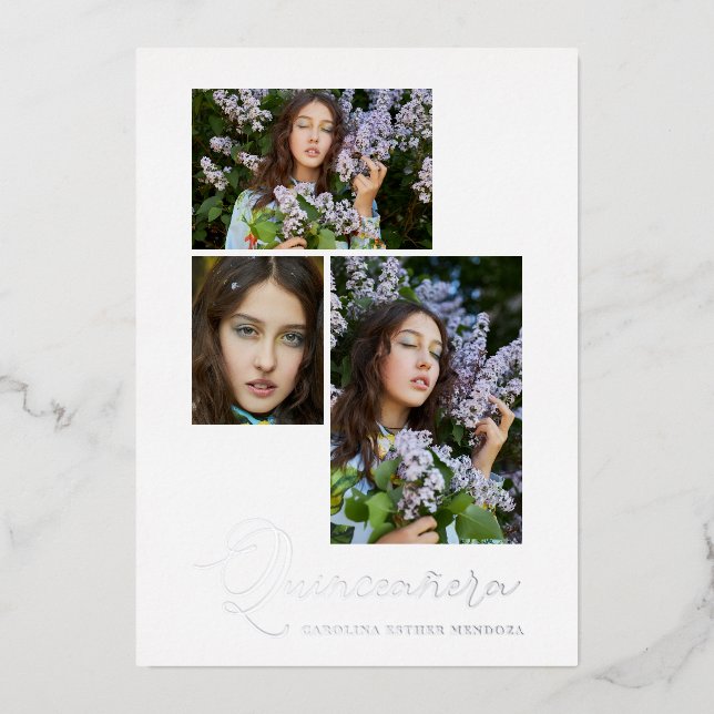 Real Silver Simple Quinceañera Spanish 3 Photos Foil Invitation (Front)