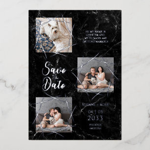 Real Silver Three Photos Dog Wedding Faux Marble Foil Invitation