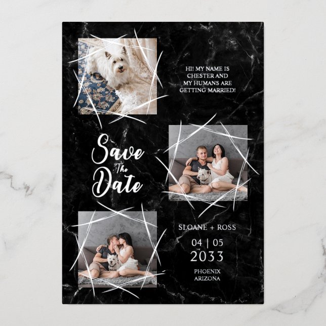 Real Silver Three Photos Dog Wedding Faux Marble Foil Invitation (Front)