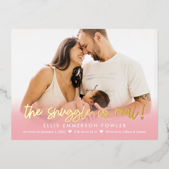 Real Snuggle Foil Baby Birth Announcement Postcard (Front)