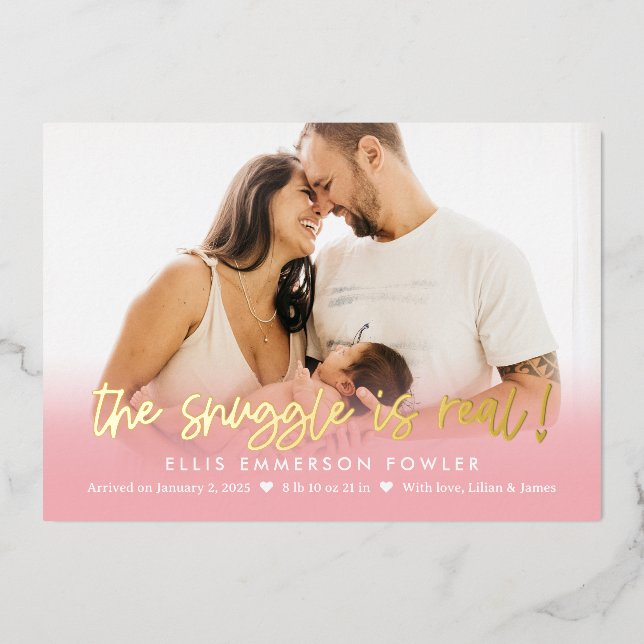 Real Snuggle Foil Fun Baby Birth Announcement (Front)