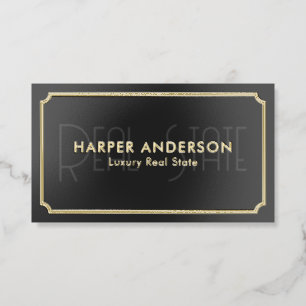 Real State Vintage Luxury QR Code Black Foil Business Cards