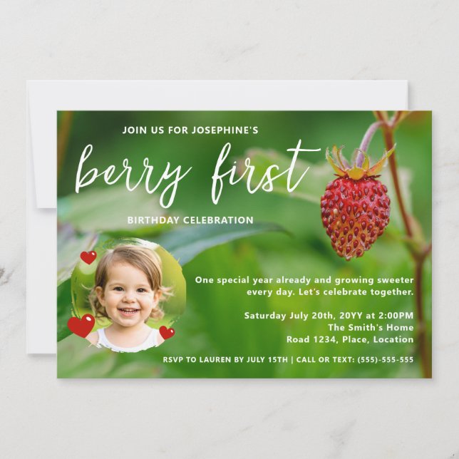 Real Strawberry Photo Custom Berry First Birthday Invitation (Front)