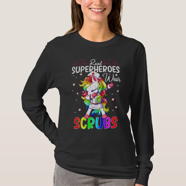 Real Superheroes Wear Scrubs Nursing Dabbing Unico T-Shirt (Front)