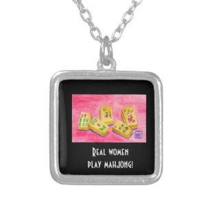 Real Women Play Mahjong Silver Plated Necklace