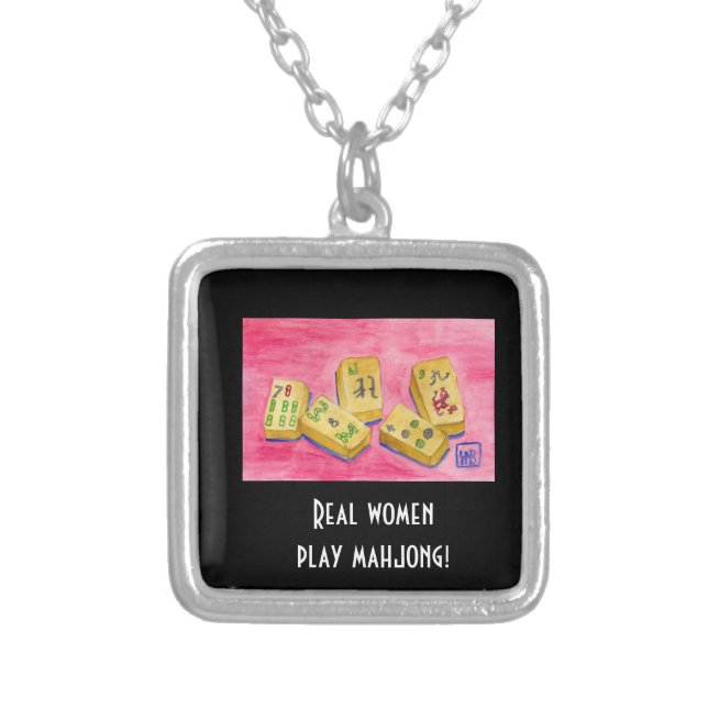 Real Women Play Mahjong Silver Plated Necklace (Front)