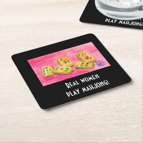 Real Women Play Mahjong Square Paper Coaster