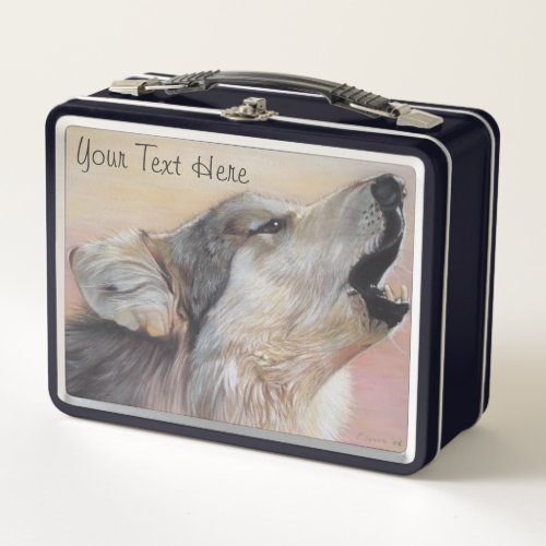 realist painting of gray wolf howling wildlife  metal lunch box