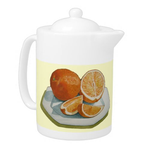 realist still life picture of sliced oranges teapot