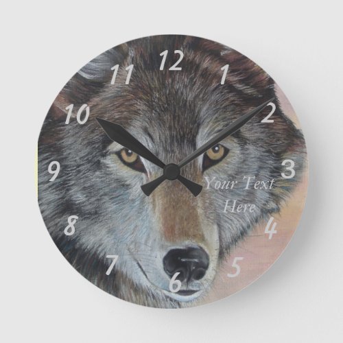 realist wildlife painting of gray wolf round clock