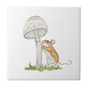 Realistic a funny field mouse and mushroom ceramic tile