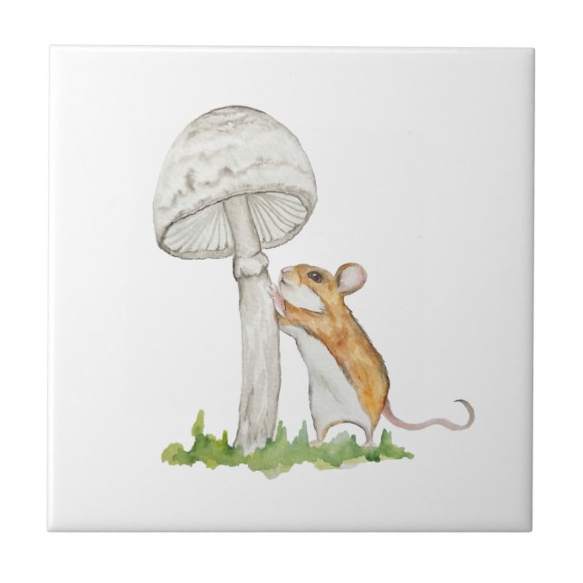 Realistic a funny field mouse and mushroom ceramic tile (Front)