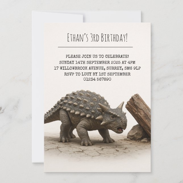 Realistic Armored Dinosaur Near Tree Birthday Invitation (Front)