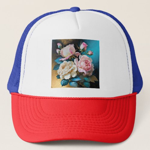Realistic Art of Beautiful Pink and White Roses T_ Trucker Hat