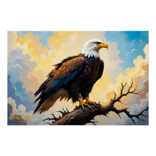 Realistic Bald Eagle Perched on Branch Sunset Poster