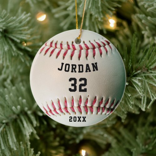 Realistic Baseball Photo Name and Number Ceramic Ornament - Create a keepsake ornament for a baseball player personalized with their name and jersey number as well as the year on the front and a photo and name or other custom text on the back. HELP:  For assistance with design modification/personalization or transferring the design to another ornament style or product, contact the designer BEFORE ORDERING via Zazzle Chat or makeitaboutyoustore@gmail.com.