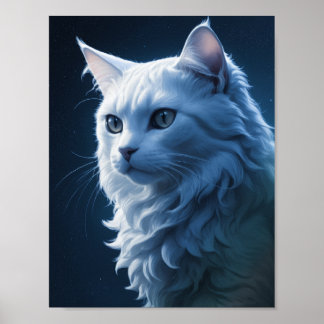 Realistic Beautiful Starry Night Sky White Cat Poster